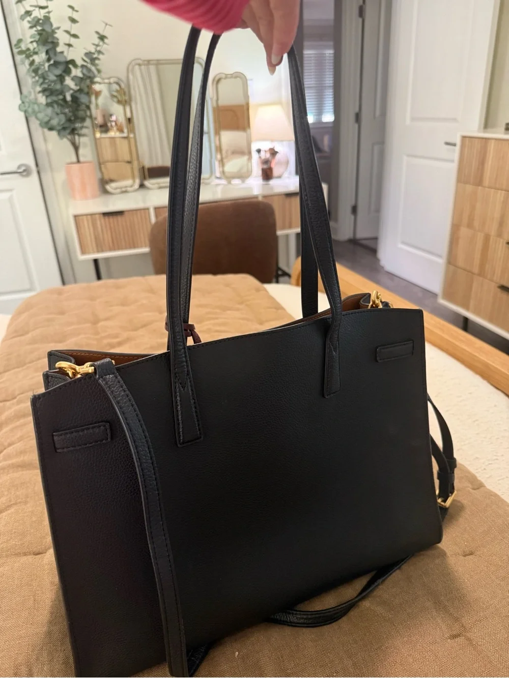 Tory Burch Black Leather Tote with Burgundy Tag and Gold Hardware